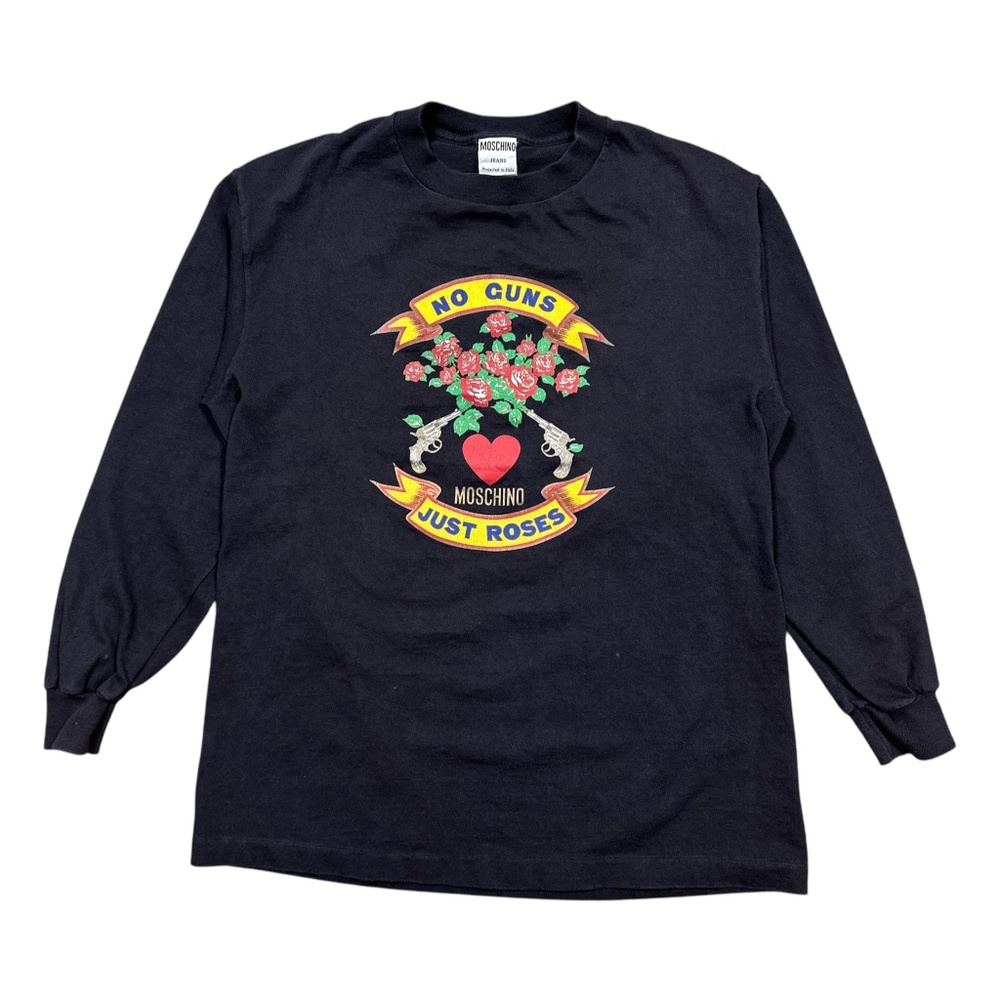 Vintage 90s Moschino Jeans No Guns Only Roses Logo Black L/S T Shirt Mens Large